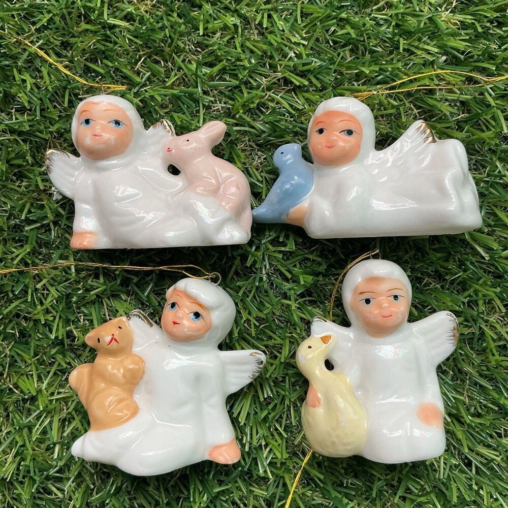 Vintage Ceramic Angel Christmas Ornaments w Animals Set of 4 Porcelain Holiday